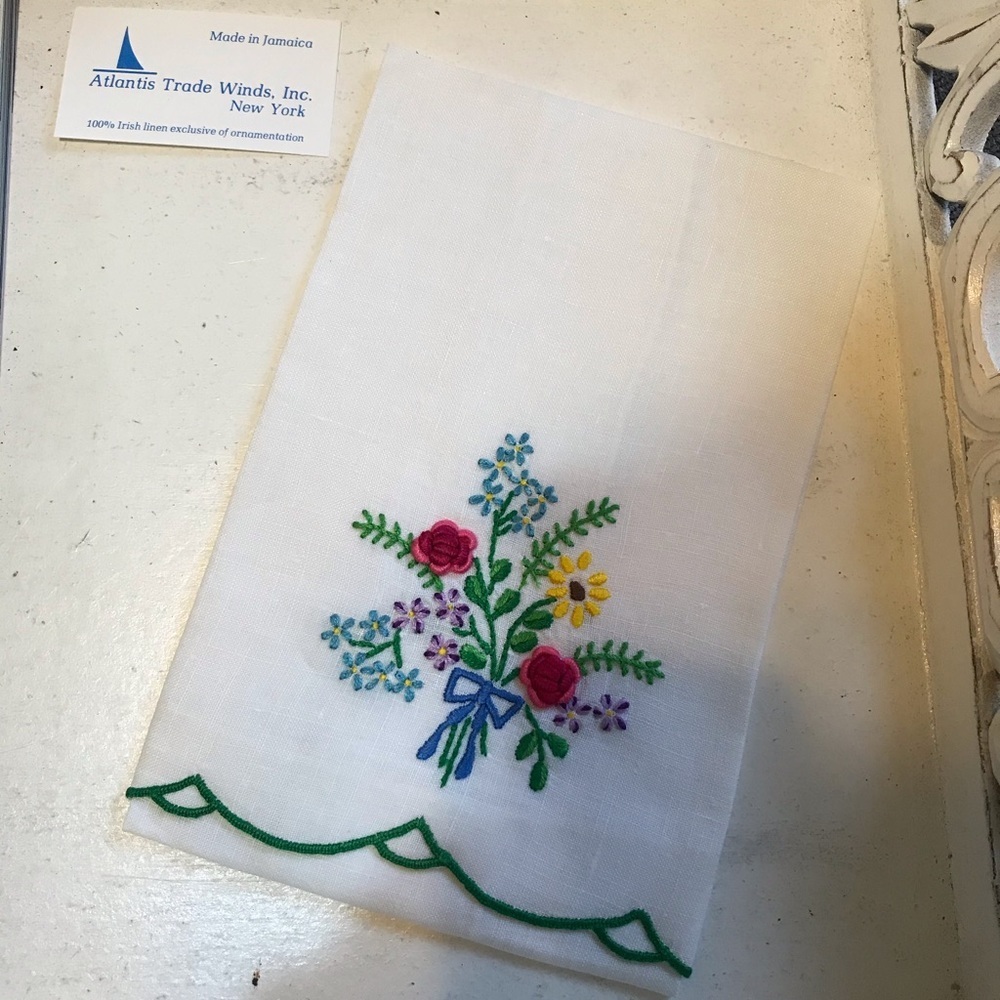 NWOT Hand Embroidered Floral Linen, Napkin, Towel